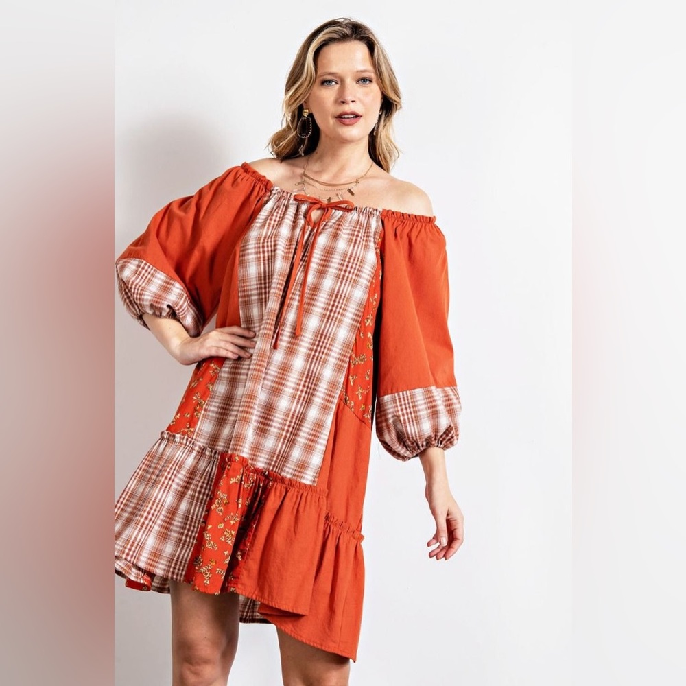 Easel Rust Plaid and Floral Dress NWT